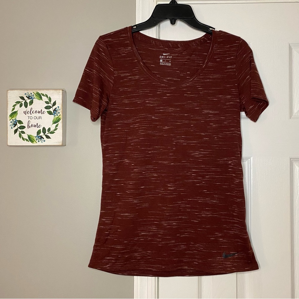 Nike Dri Fit Womens Maroon White Marled Short Sleeve Athletic Top Small Gym
